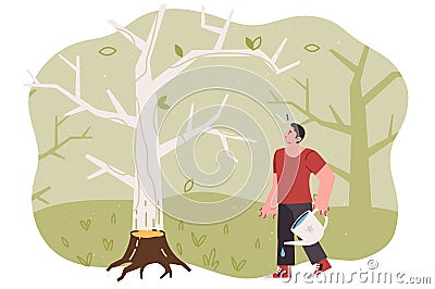 Problem of deforestation worries man, trying to save destroyed tree and prevent eco catastrophe Vector Illustration