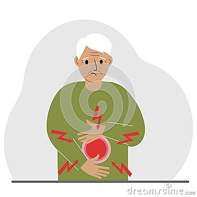 A problem with the intestines, stomach or a bolt in the abdomen. A man holds his hands on his stomach near the place of Vector Illustration