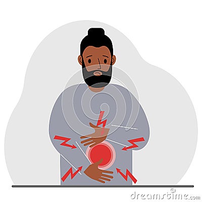 A problem with the intestines, stomach or a bolt in the abdomen. A man holds his hands on his stomach near the place of Vector Illustration