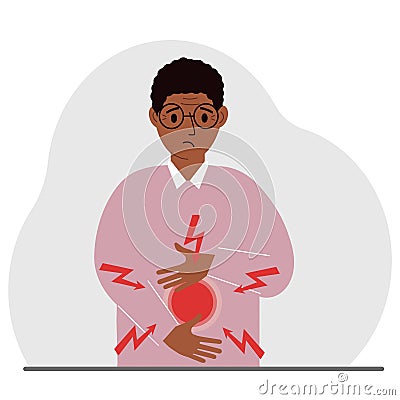 A problem with the intestines, stomach or a bolt in the abdomen. A man holds his hands on his stomach near the place of Vector Illustration