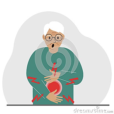 A problem with the intestines, stomach or a bolt in the abdomen. A man holds his hands on his stomach near the place of Vector Illustration