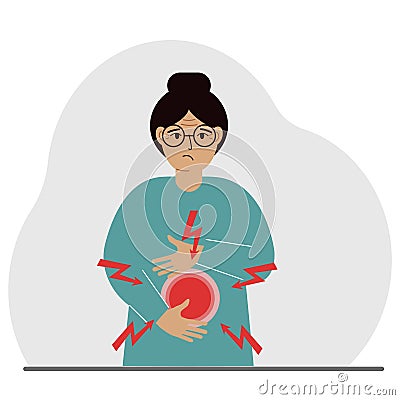 A problem with the intestines, stomach or a bolt in the abdomen. A woman holds his hands on his stomach near the place Vector Illustration