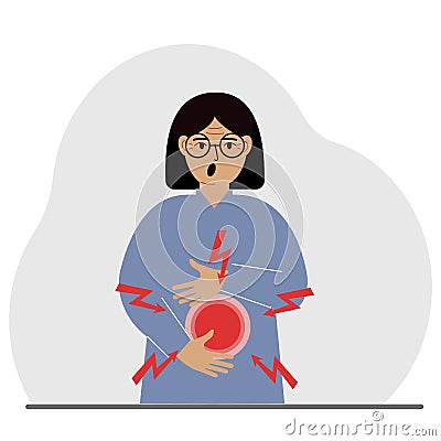A problem with the intestines, stomach or a bolt in the abdomen. A woman holds his hands on his stomach near the place Vector Illustration