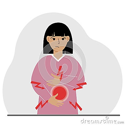 A problem with the intestines, stomach or a bolt in the abdomen. A woman holds his hands on his stomach near the place Vector Illustration