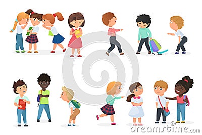 Problem of kids bullying at school. Multiracial boys and girls humiliate, offend, tease, gossip, force, threat Vector Illustration