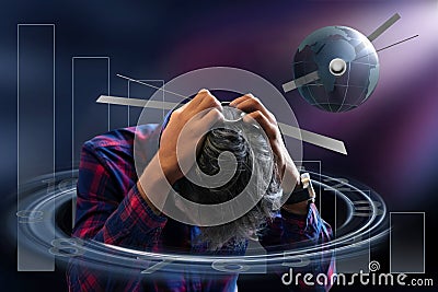 The problem of lack of time in man. Man in time, problems of time and space. Stock Photo