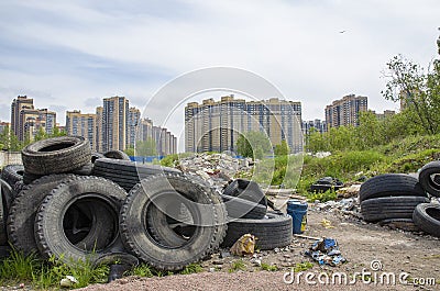 Problem of landfill, the problem of environmental pollution and waste processing in large cities. garbage in residential areas Stock Photo