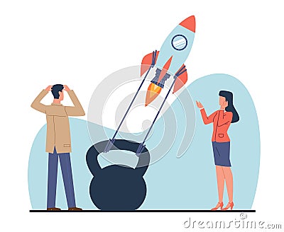 Problem or nuisance preventing start up, frustrated businessmen look at cargo preventing rocket from taking off Vector Illustration