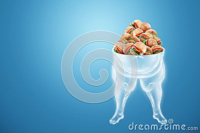 The problem of obesity, the body of a fat person is crammed with burgers. Overweight, fast food, junk food. 3D illustration, 3D Cartoon Illustration
