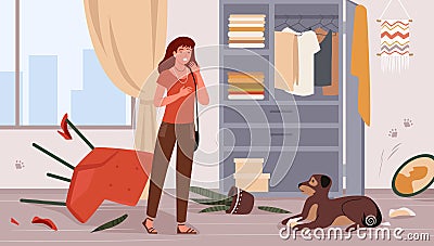 Problem of pet dog owner, upset woman scolding dog for mess and damaged furniture Vector Illustration