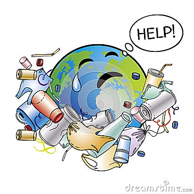 The problem of pollution of the planet. Space debris. The garbage, plastic, bags on the planet. The concept of ecology and the Vector Illustration