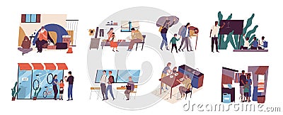 Problem of poverty and social inequality. Collection of scenes with homeless guy on street, family of refugees, children Vector Illustration