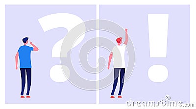 Problem solution concept. Troubled man student thinking with question mark dilemma understand solution business problems Vector Illustration