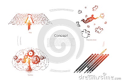 Problem solution, puzzle solving, prevarication, tactics and logical thinking, uniqueness, surreal conceptions banner Vector Illustration