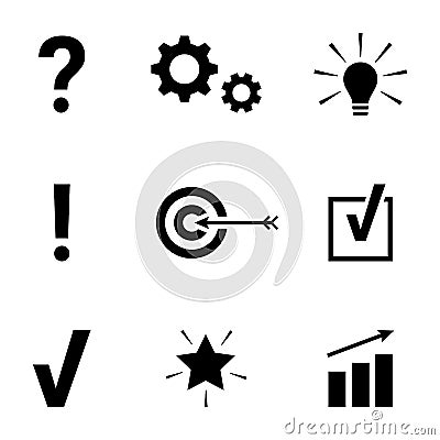 Problem solution sign icon pictogram. Question exclamation check tick mark gear light bulb target aim idea symbol Vector Illustration