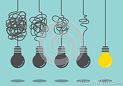 Problem solve solution comparison with wire light bulb. Stock Photo