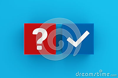 Problem solving and brainstorming concept. Problem solved. Question mark and checkmark symbols on colorful blocks Stock Photo