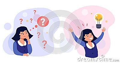 Problem solving concept illustration, cute girl thinking - trying to find a solution Vector Illustration