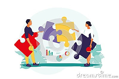 Problem solving. creative decision, difficult task concept. Man and woman assembling puzzle. Cooperation and teamwork. Vector Vector Illustration