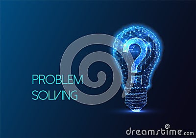 Problem solving, critical thinking futuristic concept with lightbulb and question mark on blue Vector Illustration