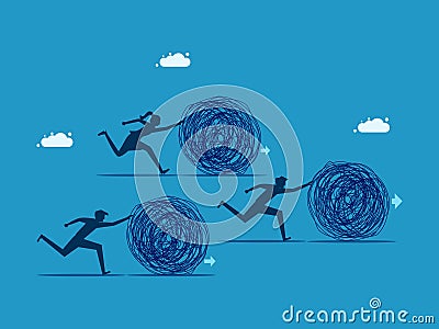 Problem solving for progress. Businessmen work together to push the chaos problem. Vector Illustration