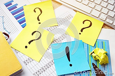 Problem solving. Question marks and exclamation mark on sticks Stock Photo
