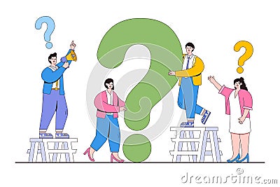 Problem solving question search for answer, big punctuation mark with people around, research concept. Outline design style Vector Illustration