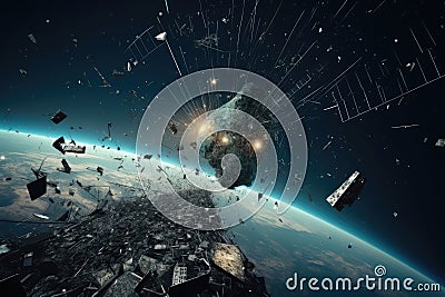 Problem of space debris and the need for responsible space exploration. Generative AI Stock Photo