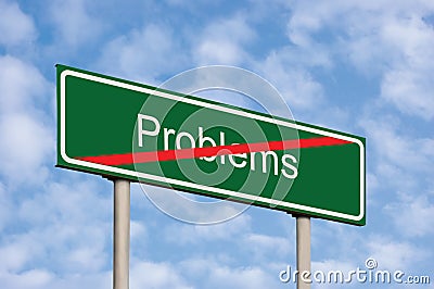 Problems Crossed Out Concept, Green Signpost Road Sign, White Text Frame, Red Stripe, Grey Pole Posts, Blue Sky, Bright Cloudscape Stock Photo