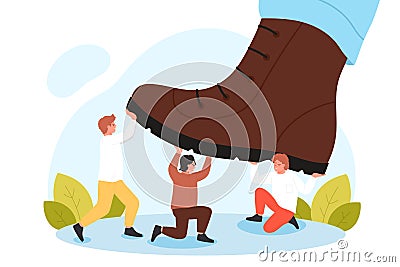 Problems of dictatorship, people under big shoe, giant foot crushing tiny employees Vector Illustration