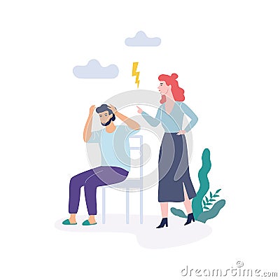 Problems in family. Woman and man, quarrel and divorce Vector Illustration