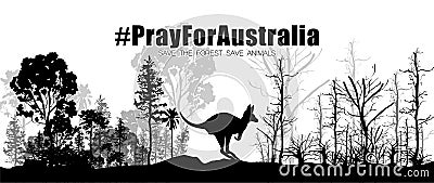 Problems forest fire in Australia. Silhouette of a kangaroo with a fertile and arid tree. Pray For Australia. Vector Illustration