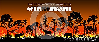 Problems forest fire burn in Brazil, Australia, and Amazon. Forest fires with wild animals silhouette. Vector Illustration