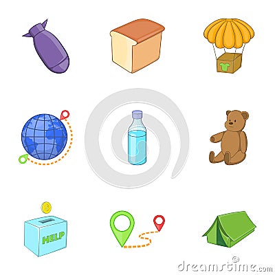 Problems of immigrants icons set, cartoon style Vector Illustration