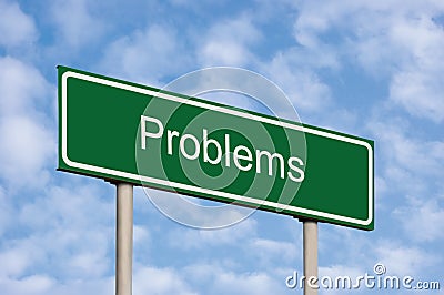 Problems Solving Concept, Green Signpost Road Sign, White Text Frame, Red Stripe, Grey Pole Posts, Blue Sky, Bright Cloudscape Stock Photo