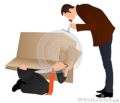 Problems at work. Businessman hiding under cardboard box. Boss screaming with a megaphone. Business concept. Angry boss yelling at Vector Illustration