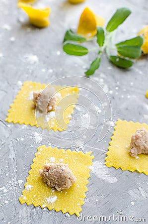 Proccess of making traditional Italian tortellini Stock Photo