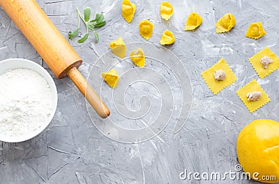 Proccess of making traditional Italian tortellini Stock Photo