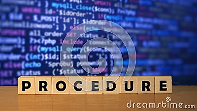 PROCEDUCE message word on a wooden desk on cube blocks with a software development Stock Photo
