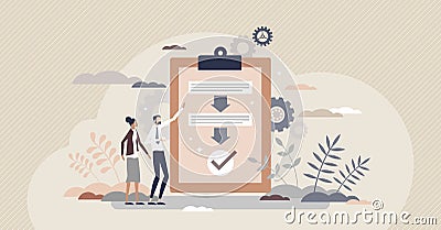 Procedure as work flow process steps scheme document tiny person concept Vector Illustration