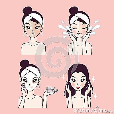 Procedure to clean the face and mask treatment girl beautiful face. Vector Illustration