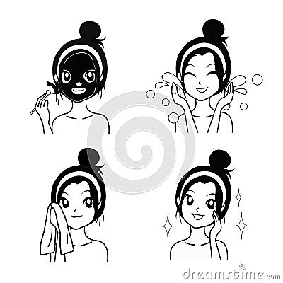 Procedure to clean the face and mask treatment girl. Vector Illustration