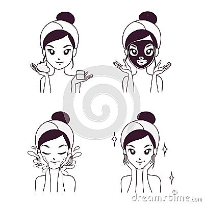 Procedure to mask treatment for younger face woman. Vector Illustration