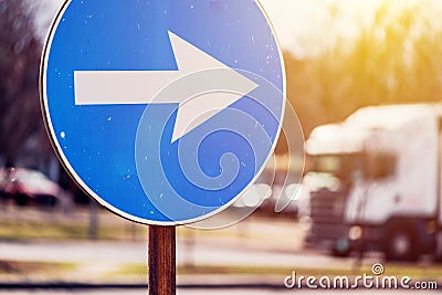 Proceed in direction arrow traffic sign Stock Photo