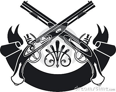 Crossed antique flintlock duel pistols and banner Vector Illustration