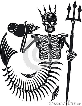 Skeleton of ancient god neptune, poseidon, holding sea shell and trident Vector Illustration