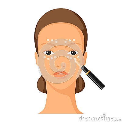 Process of applying concealer to face. Illustration of beautiful woman with make up. Vector Illustration