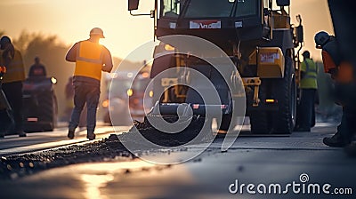 Process of asphalting and paving, asphalt paver machine and steam road roller Stock Photo
