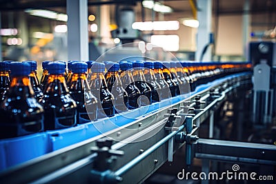 Process of beverage manufacturing on a conveyor belt at a factory Stock Photo
