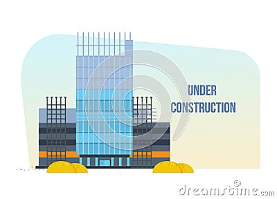 Process of building hotel premises with help of special equipment. Vector Illustration